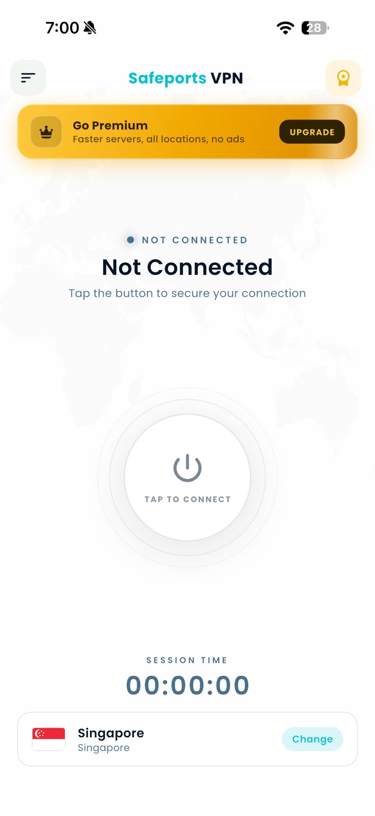 SafePorts VPN screen with the tap to connect control