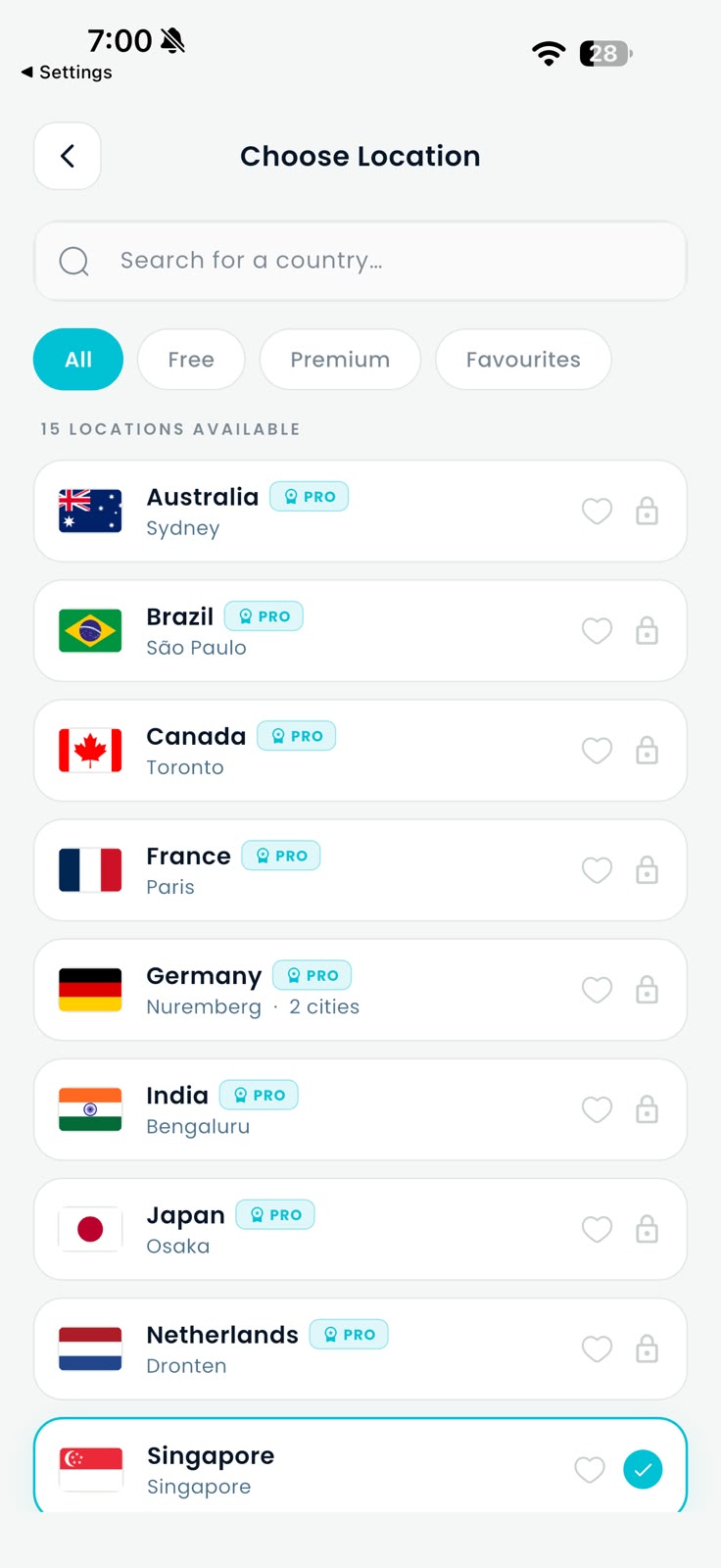 SafePorts VPN location picker with available countries