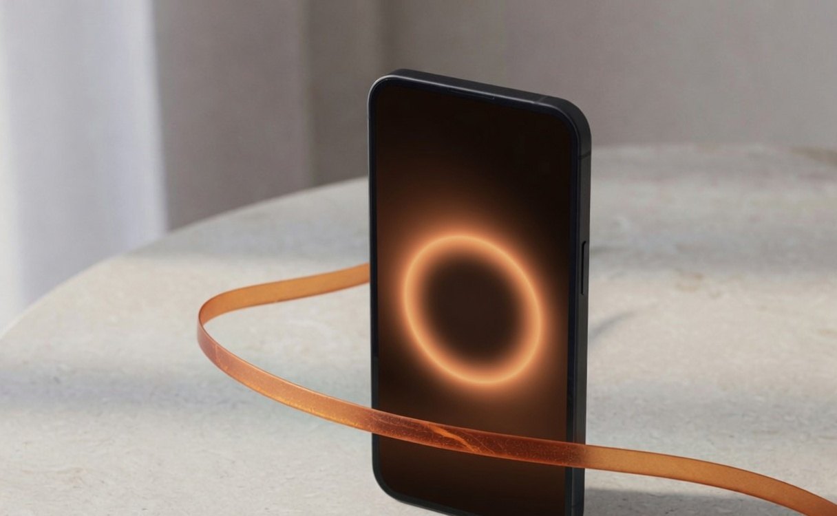 A dark phone standing on a pale stone table, with a copper ring on the screen and a thin copper ribbon crossing in front of it.